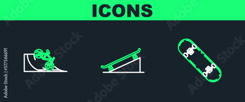 Set line Skateboard trick, Bicycle on street ramp and icon. Vector