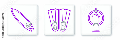 Set line Aqualung, Surfboard and Rubber flippers for swimming icon. Vector