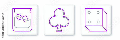 Set line Game dice, Glass of whiskey and cubes and Playing card with clubs symbol icon. Vector