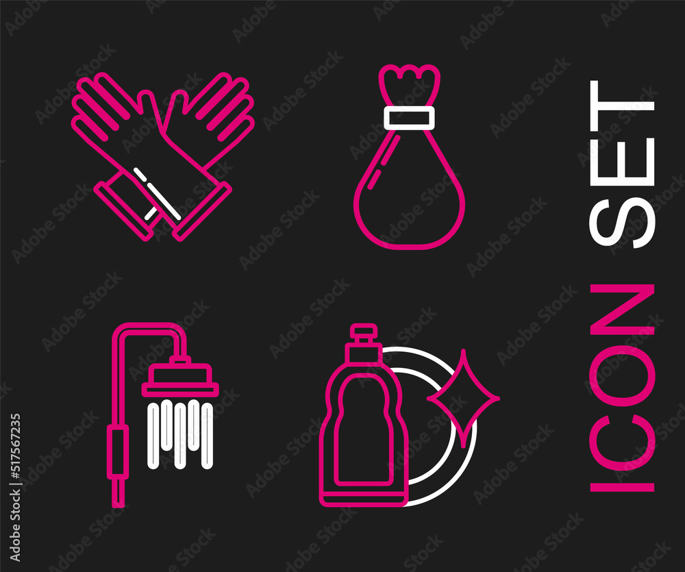 Set line Plastic bottles for liquid dishwashing liquid, Shower head with water drops flowing, Garbage bag and Rubber gloves icon. Vector Set line Plastic bottles for liquid dishwashing liquid, Shower head with water drops flowing, Garbage bag and Rubber gloves icon. Vector