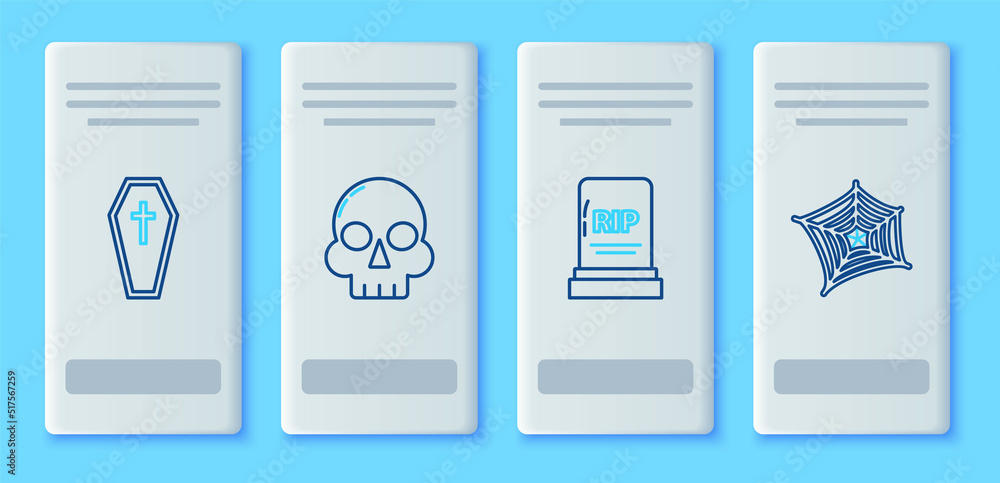 Set line Skull, Tombstone with RIP, Coffin christian cross and Spider web icon. Vector