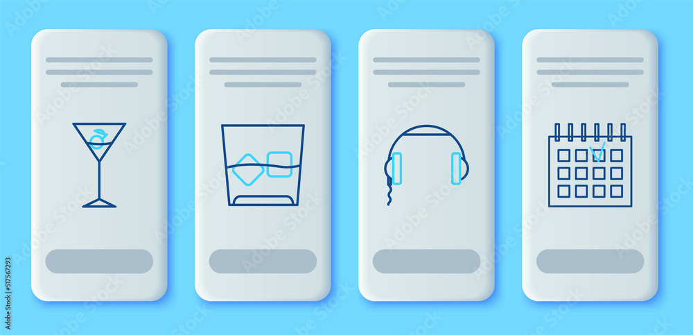 Set line Glass of whiskey and ice cubes, Headphones, Martini glass and Detailed calendar icon. Vector