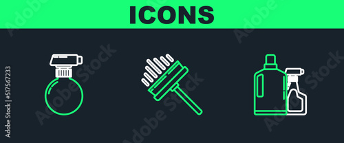 Set line Plastic bottles for liquid dishwashing liquid, and Squeegee, scraper, wiper icon. Vector