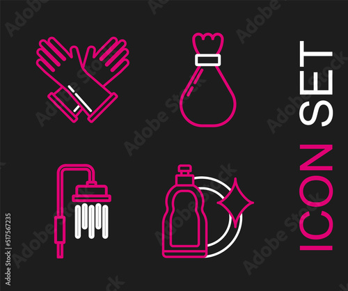 Set line Plastic bottles for liquid dishwashing liquid, Shower head with water drops flowing, Garbage bag and Rubber gloves icon. Vector