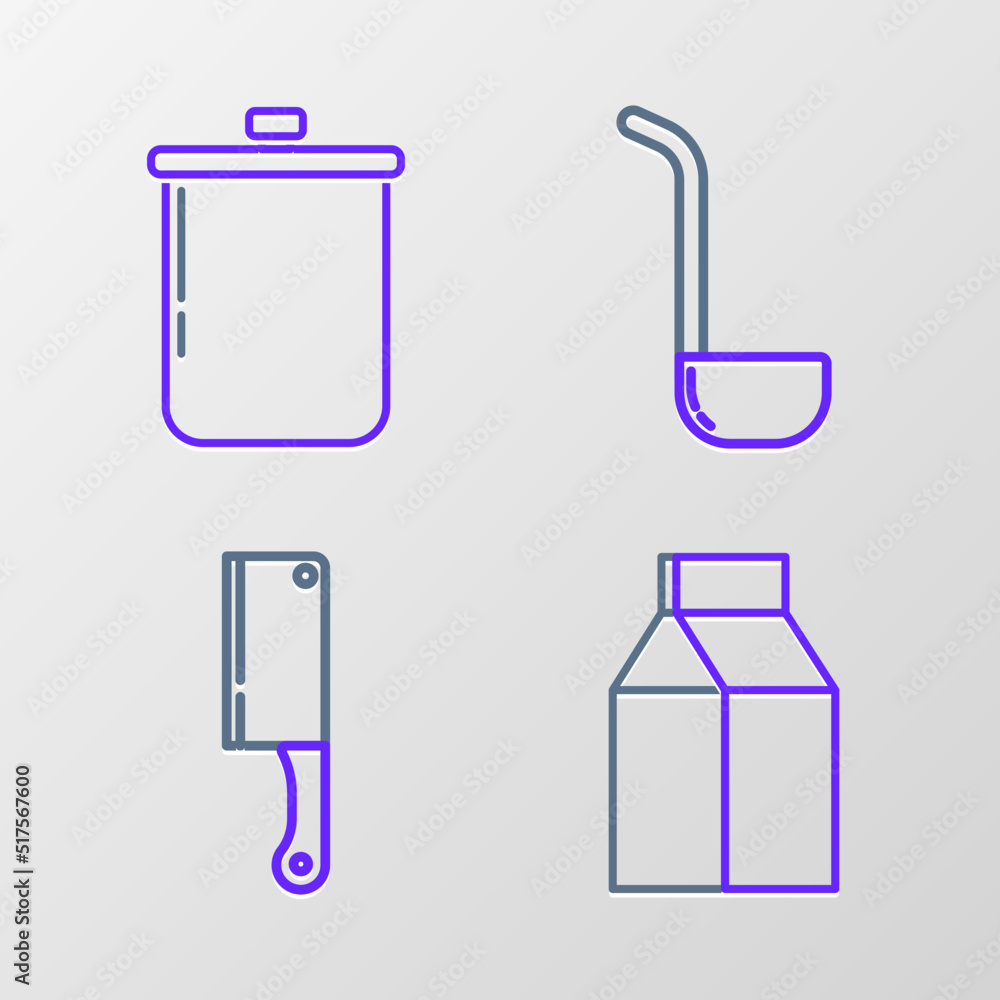 Set line Paper package for milk, Meat chopper, Kitchen ladle and Cooking pot icon. Vector Set line Paper package for milk, Meat chopper, Kitchen ladle and Cooking pot icon. Vector
