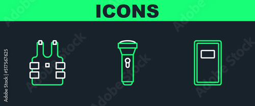 Set line Police assault shield, Bulletproof vest for protection from bullets and Flashlight icon. Vector