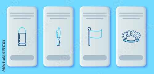 Set line Military knife, Flag, Bullet and Brass knuckles icon. Vector