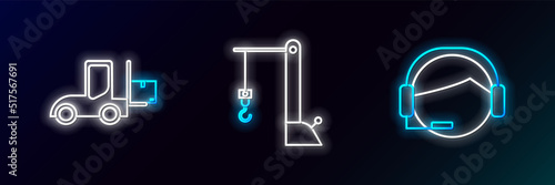 Set line Support operator in touch, Forklift truck and Harbor crane icon. Glowing neon. Vector