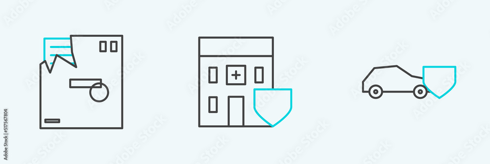 Set line Car with shield, Ordered envelope and Medical hospital building icon. Vector