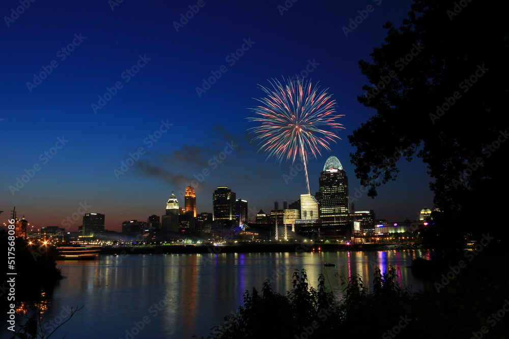 Fireworks on the Ohio River with Cincinnati Skyline