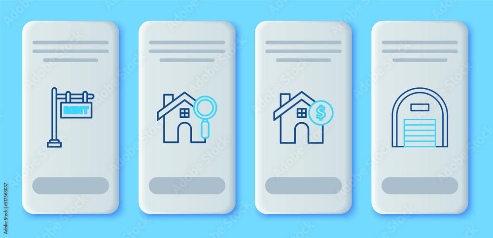 Set line Search house, House with dollar symbol, Hanging sign text Rent and Warehouse icon. Vector