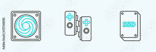 Set line SSD card, Computer cooler and Gamepad icon. Vector