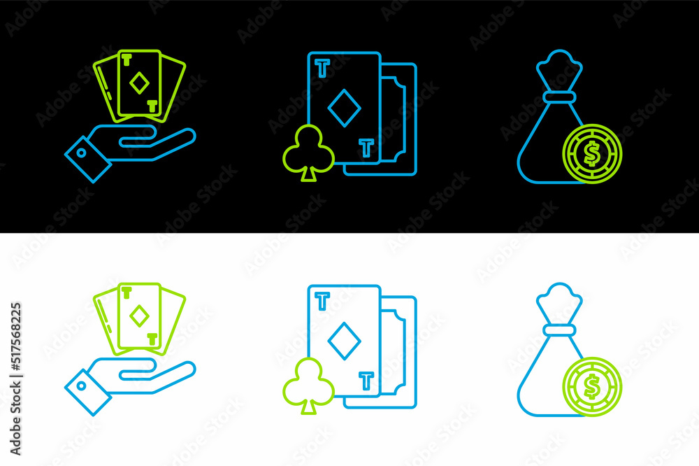 Set line Money bag and casino chips, Hand holding deck of playing cards and Playing with diamonds icon. Vector Set line Money bag and casino chips, Hand holding deck of playing cards and Playing with diamonds icon. Vector