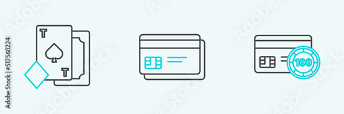 Set line Credit card, Playing with spades and icon. Vector