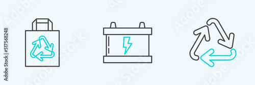 Set line Recycle symbol, Paper shopping bag with recycle and Car battery icon. Vector