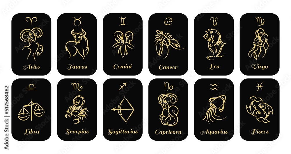 Fototapeta Vector Zodiac constellations and signs. Horoscope cards with constellation stars, decorative zodiac sketch symbols in gold on black background. Isolated vector illustration icons set