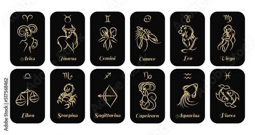 Vector Zodiac constellations and signs. Horoscope cards with constellation stars, decorative zodiac sketch symbols in gold on black background. Isolated vector illustration icons set