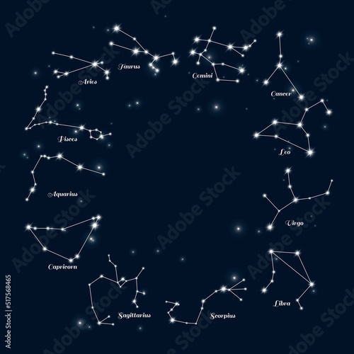 Vector zodiac constellations on a dark night sky background with stars. Astrology / astronomy spiritual design elements
