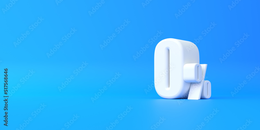 Glossy white zero percent sign on a blue background. 0% discount on sale. 3d rendering illustration Glossy white zero percent sign on a blue background. 0% discount on sale. 3d rendering illustration