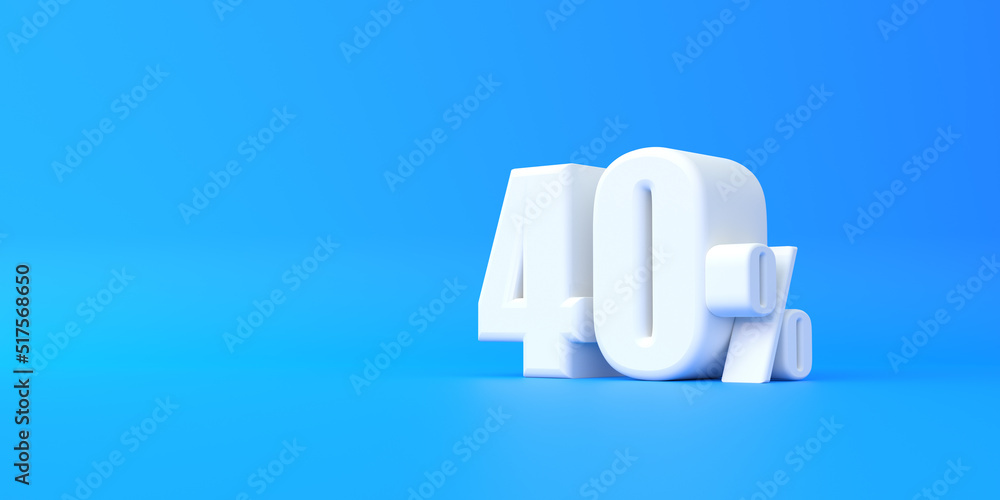 Glossy white fourty percent sign on blue background. 40% discount on sale. 3d rendering illustration Glossy white fourty percent sign on blue background. 40% discount on sale. 3d rendering illustration