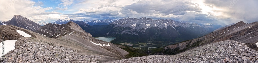 Canadian Rockies Panoramic Landscape, Alberta Kananaskis Country Scenic View from Above. Rugged Rocky Mountain Peaks and Stormy Sky on Horizon
