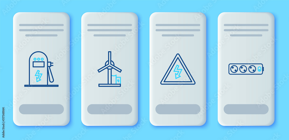 Set line Wind turbine, High voltage sign, Electric car charging station and extension cord icon. Vector