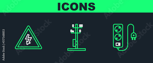 Set line Electric extension cord, High voltage sign and power pole line icon. Vector