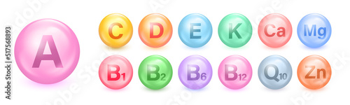 Set of Multi Vitamin complex icons. Multivitamin supplement. Vitamin A, B group B1, B2, B6, B12, C, D, D3, E, K, Mg, Ca, Omega. Essential vitamin complex. Healthy life concept