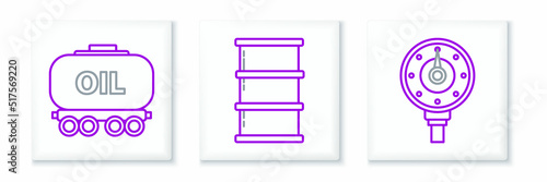 Set line Motor gas gauge, Oil railway cistern and Barrel oil icon. Vector