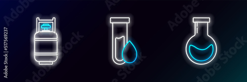 Set line Test tube and flask, Propane gas tank and Oil petrol test icon. Glowing neon. Vector