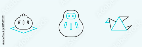 Set line Origami bird, Khinkali on cutting board and Maneki neko cat icon. Vector