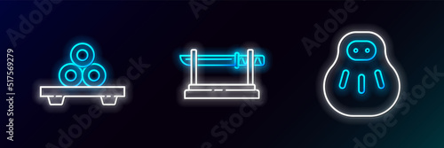 Set line Maneki neko cat, Sushi on cutting board and Traditional Japanese katana icon. Glowing neon. Vector