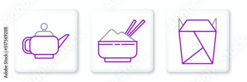 Set line Rstaurant opened take out box filled, Japanese tea ceremony and Rice in bowl with chopstick icon. Vector
