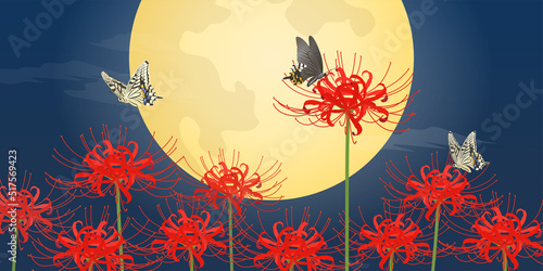 満月と彼岸花とアゲハ蝶（2：1）_ベクターイラスト