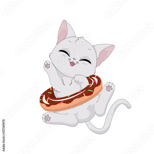 Uroczy mały biały kotek w kole do pływania. Wektorowa ilustracja zadowolonego, rozbawionego kota. Słodki, zabawny zwierzak. Letnia, wakacyjna ilustracja.