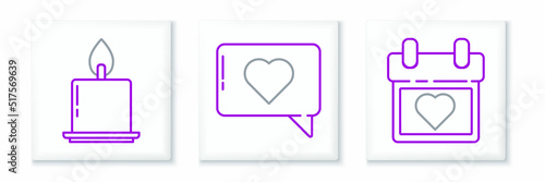 Set line Calendar with heart, Burning candle and Like icon. Vector