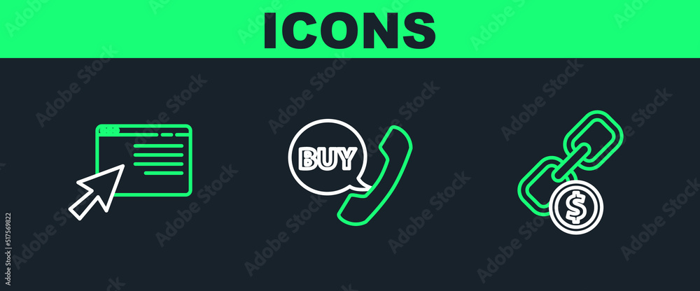 Set line Chain link and coin, Online shopping on screen and Phone speech bubble with Buy icon. Vector Set line Chain link and coin, Online shopping on screen and Phone speech bubble with Buy icon. Vector