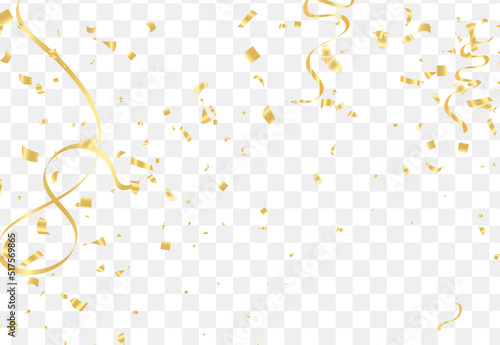 Falling shiny golden confetti isolated on transparent background.VIP flying sparkle elements, gold foil texture serpentine streamers confetti falling new year vector.