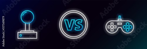 Set line Gamepad, Joystick for arcade machine and VS Versus battle icon. Glowing neon. Vector