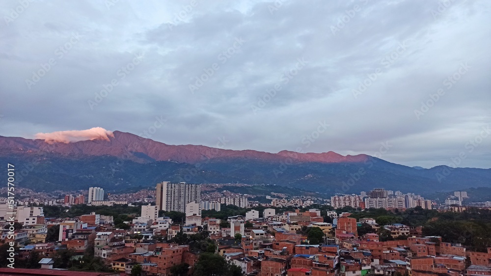 View of the city of Floridablanca, Santander Colombia, sunset falls and the Santander mountains can be seen in the background.