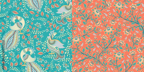 Floral seamless pattern with peacocks in Indian style. Kalamkari. Set of 2 seamless vector patterns.
