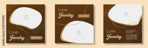 Luxe jewelry social media post, banner set, jeweller shop advertisement concept, luxury, elegant accessories marketing square ad, necklace, bracelet abstract print, isolated on background