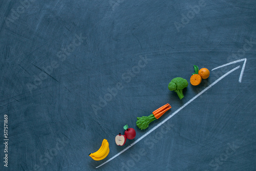 food prices.Vegetables and fruits price increase.vegetables and fruits and up arrows on black chalk board background.