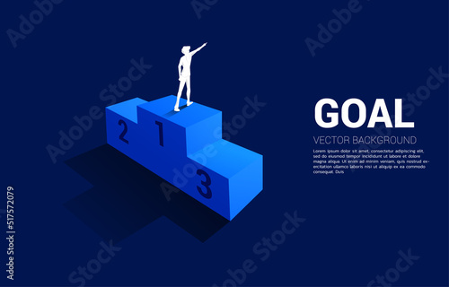 Silhouette of businessman standing on first place podium point ahead. Business Concept of winner and success