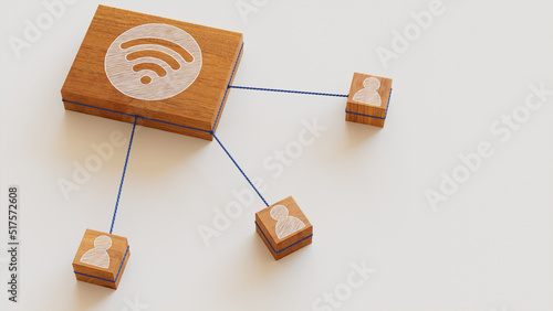 Wireless Technology Concept with wifi Symbol on a Wooden Block. User Network Connections are Represented with Blue string. White background. 3D Render. photo