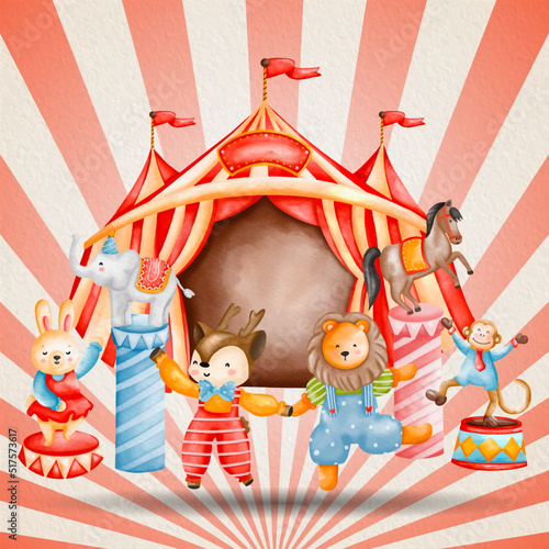 Colorful Circus watercolor illustrations of animals. circus cartoon animals. Watercolor Circus