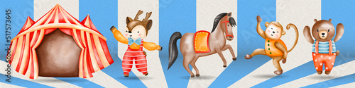 Happy Circus watercolor animals illustrations. circus cartoon animals. Watercolor Circus..