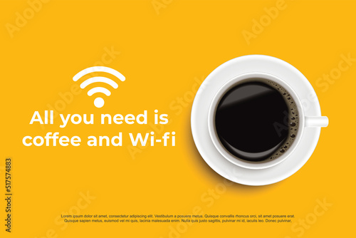Black coffee in white cup on yellow background poster advertisement flyer Vector Illustration