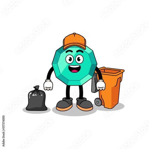 Illustration of emerald gemstone cartoon as a garbage collector