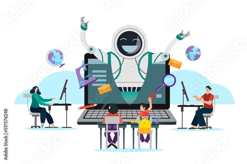 Concept of using artificial intelligence in teaching Through computers, videos are learning for the school in the future. It is a new form of online education. flat illustration.